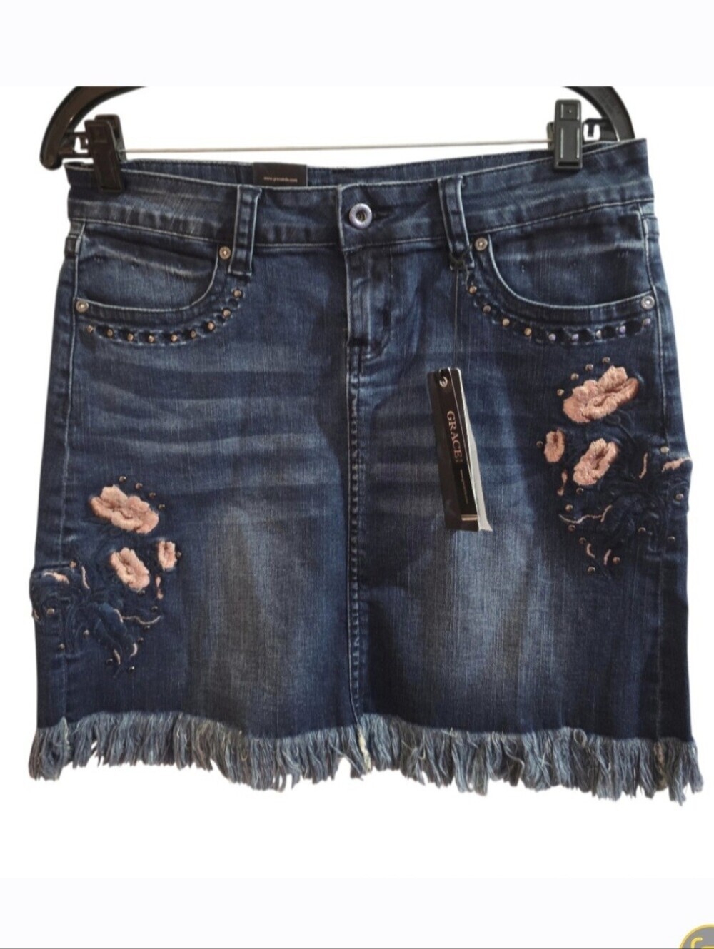 NWT Grace in LA Embroidered Floral Denim Skirt Fringe Hem Size L